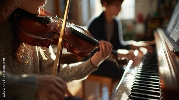 Fototapeta Musicians playing violin and piano in a warm, intimate setting.