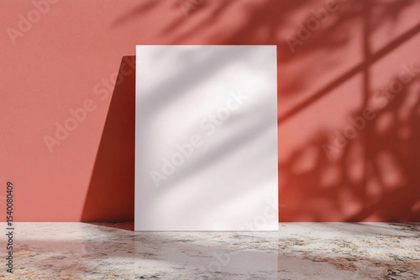 Fototapeta A white A1 size poster mockup on a on a raw concrete background with soft shadows. red background