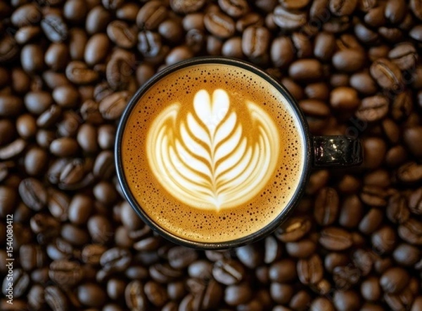 Fototapeta Coffee with latte art surrounded by roasted beans in a flat lay composition.