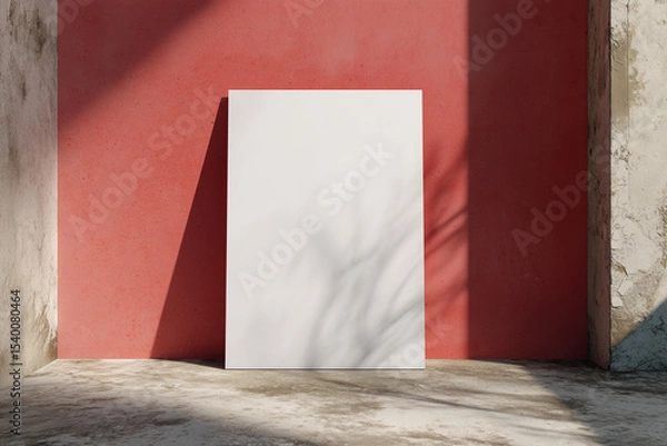 Fototapeta A white A1 size poster mockup on a on a raw concrete background with soft shadows. red background