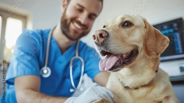 Fototapeta A veterinarian gently examines a happy dog in a bright clinic setting.