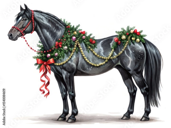 Fototapeta Majestic horse adorned with tinsel and holiday ribbons on a white background, festive winter illustration