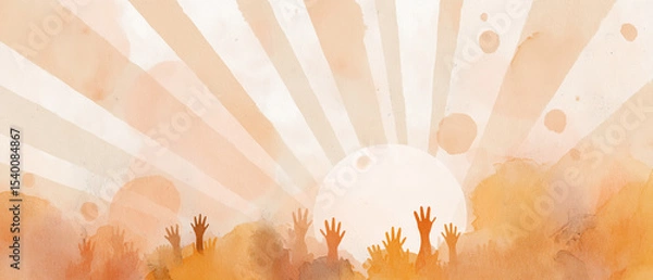 Obraz clean, minimalistic, optimistic religious / summer event panoramic illustration perfect as an advertising marketing background; hands raised up to artistic sun & sunbeams vision; copy space