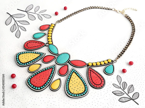 Fototapeta Colorful illustration of a bib necklace with vibrant stones on a white background, playful jewelry design