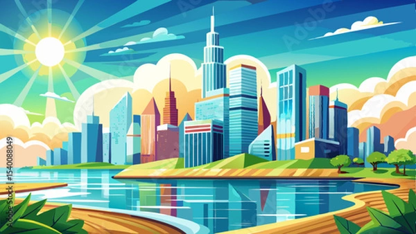 Fototapeta Bright and sunny view of downtown Chicago with the shimmering Michigan lake in the foreground. Very beautiful