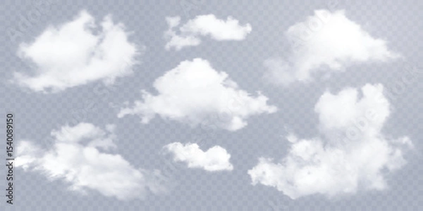 Fototapeta Realistic white vector clouds isolated on transparent background. Set of soft cumulus shapes, mist or fog elements for sky, weather, or nature illustration. Atmospheric airy texture for design.