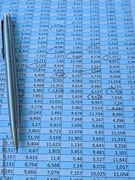 Fototapeta Data sheet with calculations and a silver pen resting