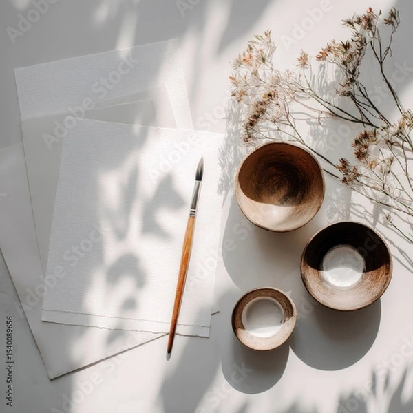 Fototapeta Sunlit workspace with blank paper, paintbrush, and three wooden bowls containing white paint; delicate dried flowers add a touch of natural elegance
