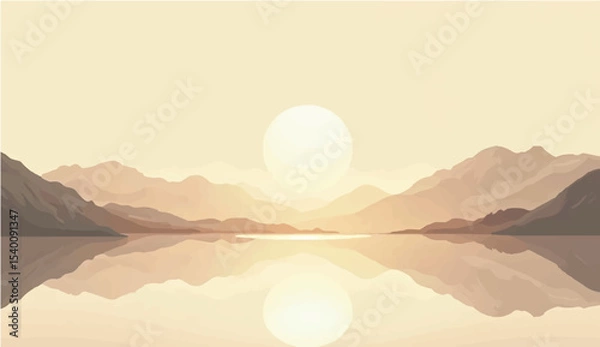 Fototapeta abstract Minimal beige landscape with soft mountain silhouettes and over a calm lake. Vector background for nature-themed designs or tranquil scenes 