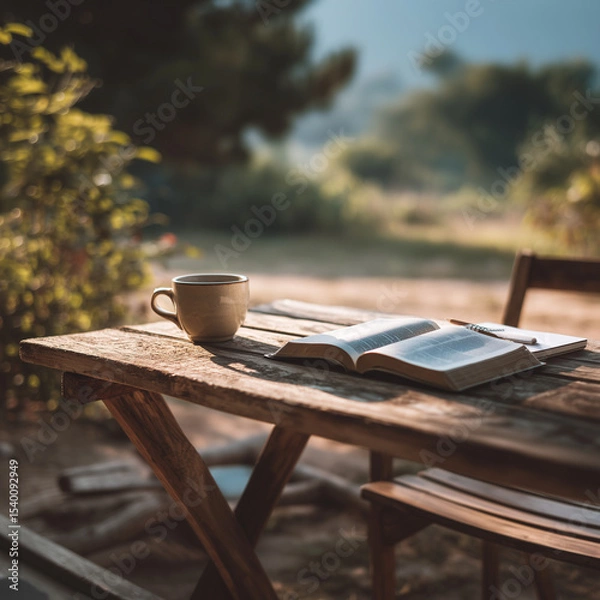 Obraz serene square size scene with open bible laying on the table outside, next to a coffee cup and tranquil nature scene; concept of bible study, calmness, searching for answers
