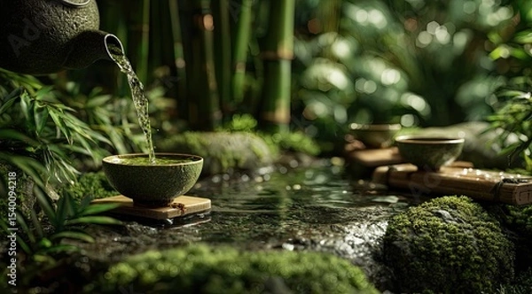 Fototapeta Serene tea ceremony scene; green tea pours from a teapot into a bowl beside a moss-covered stream amidst lush bamboo