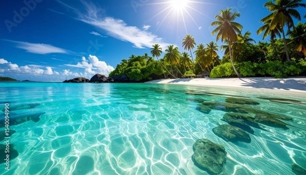 Obraz Beach with Clear Blue Water, Palm Trees, White Sand, Sunny Sky, Peaceful Island, Summer Vacation Paradise and Nature Scene
