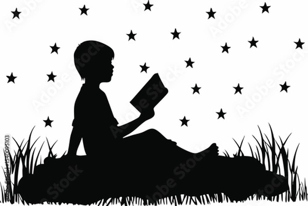 Fototapeta Child Reading a Book Under Starry Sky Sparked by Imagination