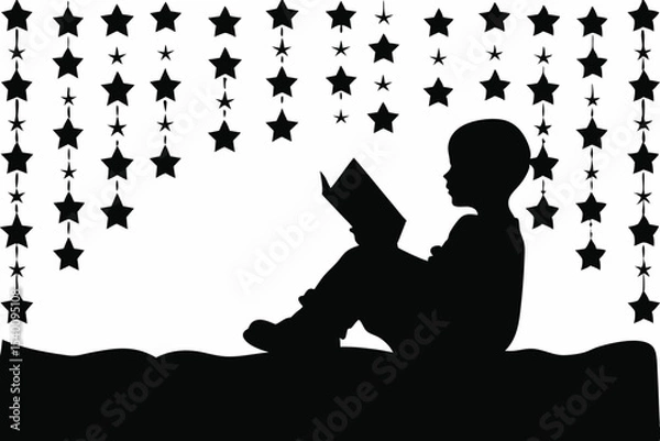 Fototapeta Child Reading a Book Under Starry Sky Sparked by Imagination