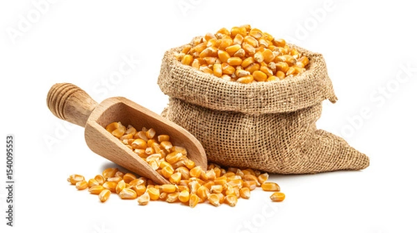 Fototapeta Organic corn kernels in a burlap sack with wooden scoop
