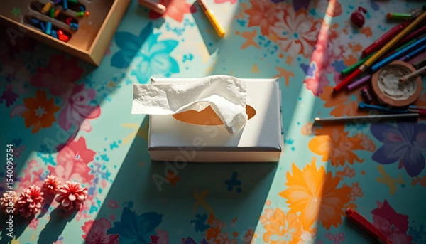 Obraz Tissue Box on a Floral Table with Art Supplies in Sunlight