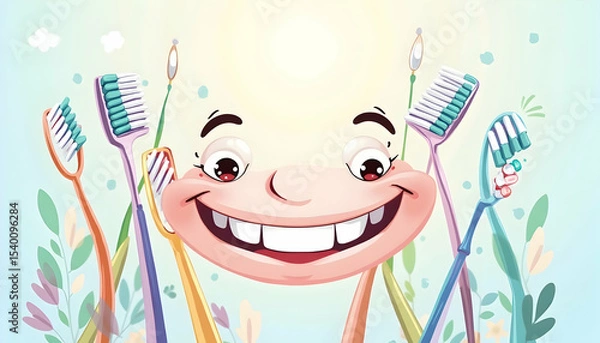 Obraz Smiling Cartoon Mouth with Toothbrushes for Dental Care