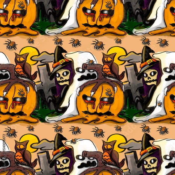 Fototapeta Seamless pattern of Halloween theme with retro cartoon style, cute Halloween pattern.