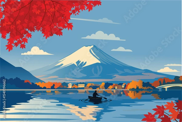 Fototapeta Autumn Lake Rowing with Mount Fuji in Background 