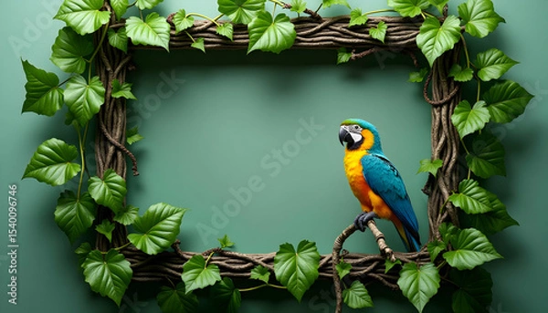 Obraz Parrot Perching on Branch Frame with Green Leaves