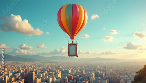 Obraz Hot Air Balloon Flying with Picture Frame Above Cityscape