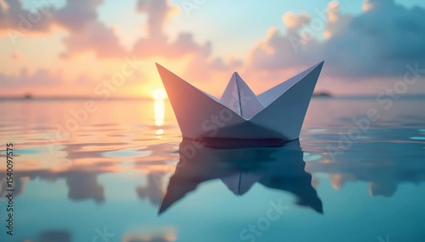Obraz Paper Boat Floating on Water at Sunset with Soft Reflection