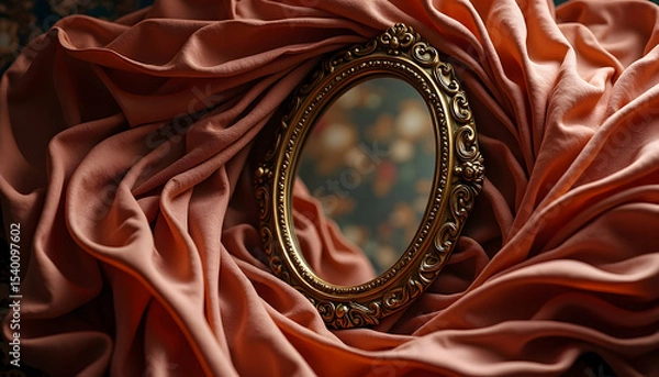 Obraz Ornate Gold Mirror Nestled in Flowing Fabric Still Life
