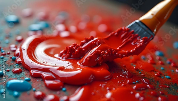 Obraz Painting with Red and Blue Paint Close-up on Brush