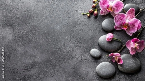 Fototapeta A serene spa setting with pink orchids and black stones on a textured gray background.