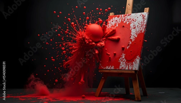 Obraz Red Paint Exploding Onto Canvas on Easel in Studio