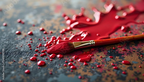 Obraz Painting with Red Paint Brush on Textured Surface