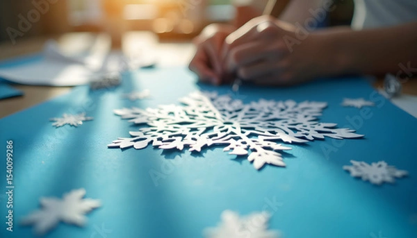 Obraz Crafting Paper Snowflakes Close-up, Hands at Work on Winter Decorations