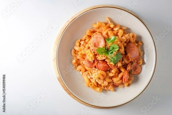 Obraz Stir fried macaroni with tomato sauce ,sausage and egg in white plate on white background
