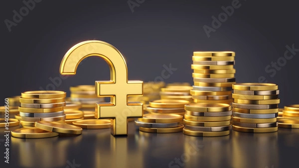 Fototapeta Golden armenian dram currency symbol with stacks of coins