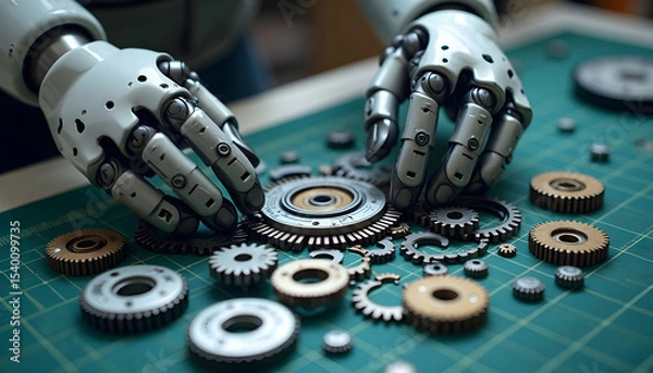 Obraz Robot Hands Arranging Gears on a Mat Close-up