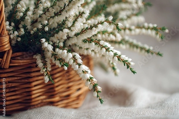 Obraz Wicker basket overflowing with delicate white heather blossoms, resting on a linen fabric