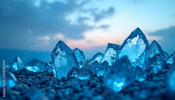Obraz Glowing Blue Crystals on Pebble Surface with Sky Background