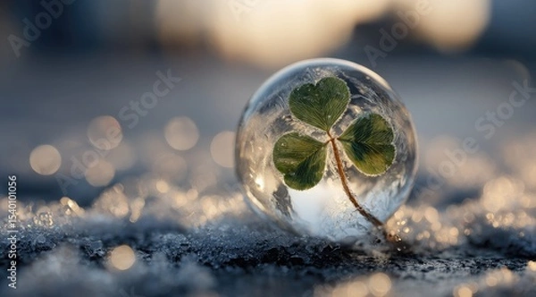 Obraz Frozen bubble encapsulating a shamrock rests on icy ground, bathed in soft, warm light