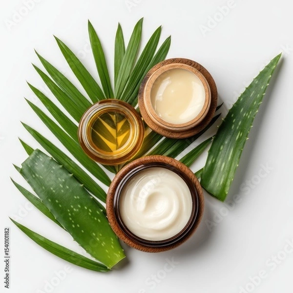 Obraz Three wooden containers of skincare products (cream, lotion, oil) arranged on an aloe vera leaf against a white background
