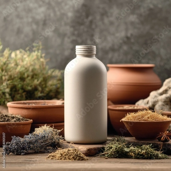 Obraz Off-white bottle amidst earthy tones, surrounded by dried herbs, spices, and terracotta pottery on a rustic wooden surface against a textured grey backdrop