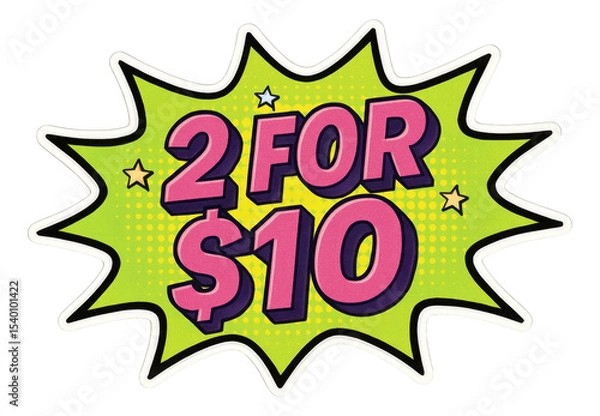 Obraz Green burst sticker with "2 FOR $10" in bold comic style, dynamic retail promotion offer on transparent background.