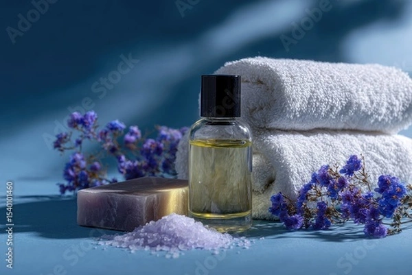 Obraz Spa setting with bath salts, soap, oil, and towels, accented by purple flowers on a blue background, bathed in soft light