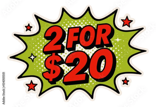Obraz Green starburst sticker with "2 FOR $20" in bold comic style, eye-catching retail promotion on transparent background.