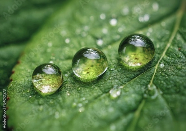 Obraz Three dewdrop spheres of varying sizes rest on a vibrant green leaf, surrounded by smaller droplets, reflecting light
