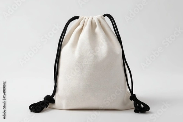 Obraz Off-white drawstring bag with black cords,  soft fabric, simple design, empty, against a neutral background