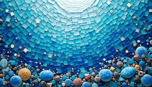 Obraz Abstract Blue Mosaic Seascape with Pebbles and Square Tiles