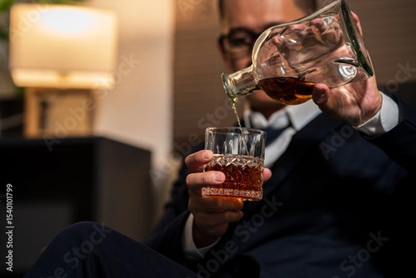 Fototapeta Businessman holding a glass of whiskey, sitting and drinking in a room