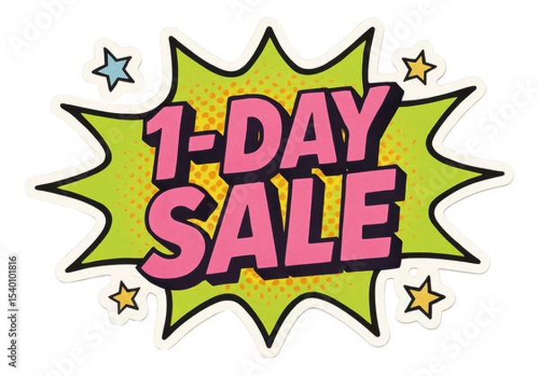 Obraz Green burst sticker with 1-DAY SALE in bold comic style, eye-catching retail promotion on transparent background.