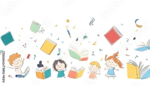 Fototapeta Children joyfully surrounded by books and learning-themed elements