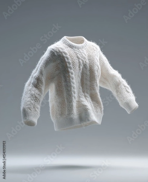 Obraz A fluffy, off-white cable-knit sweater floats against a muted gray backdrop, showcasing its soft texture and relaxed fit